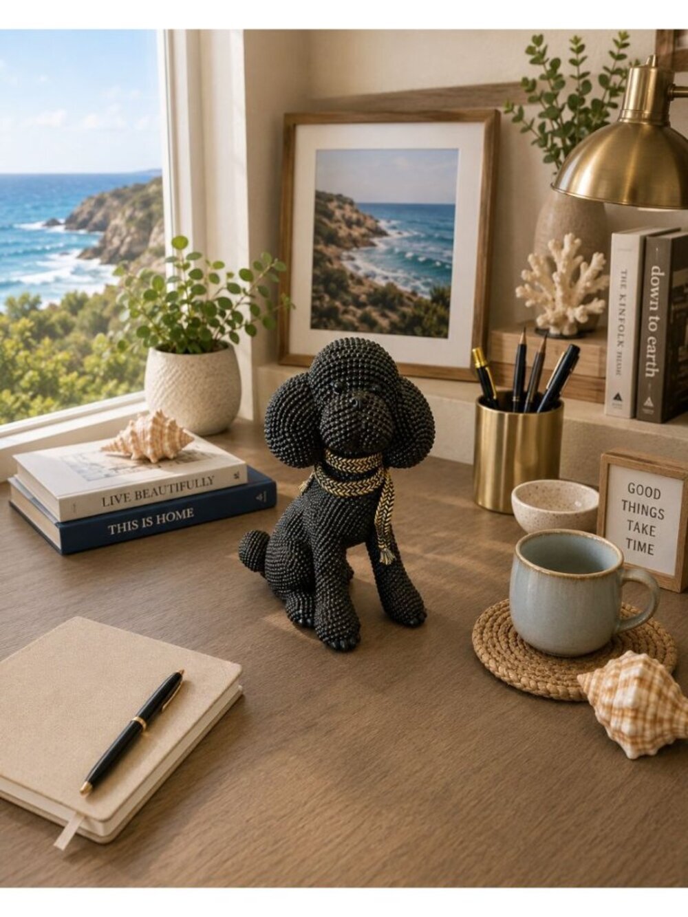 New Black Gold Textured Poodle Dog Mid Century Modern Figurine Statue Decor - Picture 2 of 4